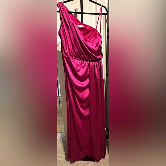 Mac Duggal | Gathered One Shoulder Satin Faux Wrap Gown - Picture 3 of 5